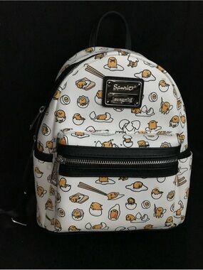 Loungefly White Gudetama Pattern Mini Backpack with Black Trim NWOT